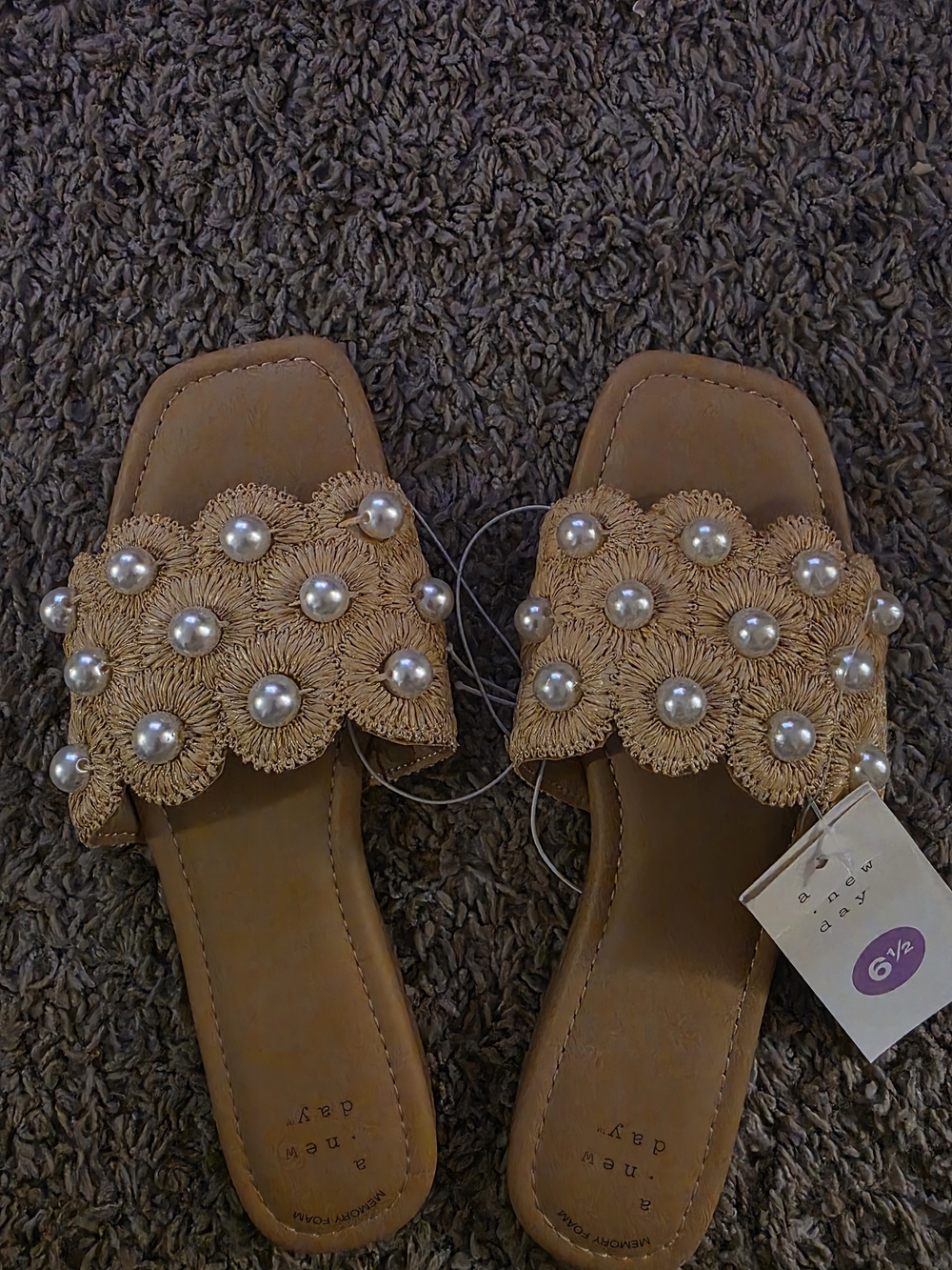 a new day Tan Pearl-Embellished Slide Sandals for Women